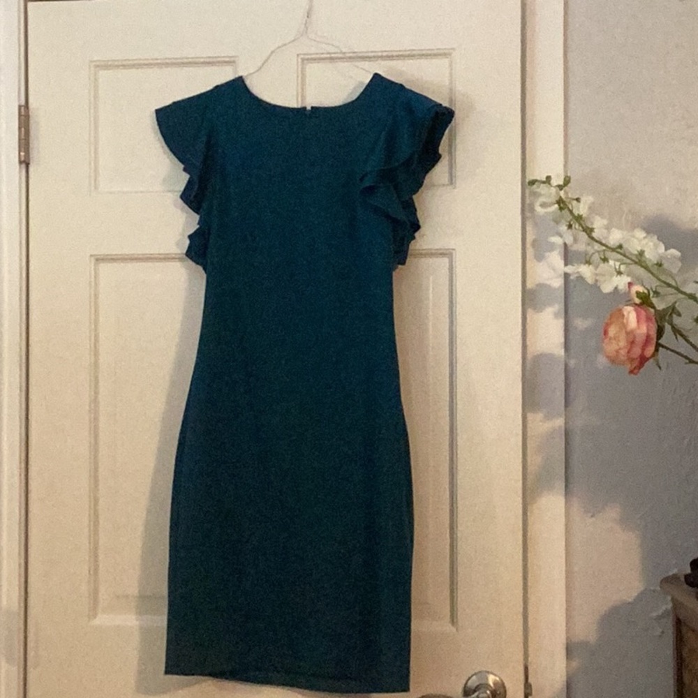 Andrew Marc Teal Ruffle Mini Dress